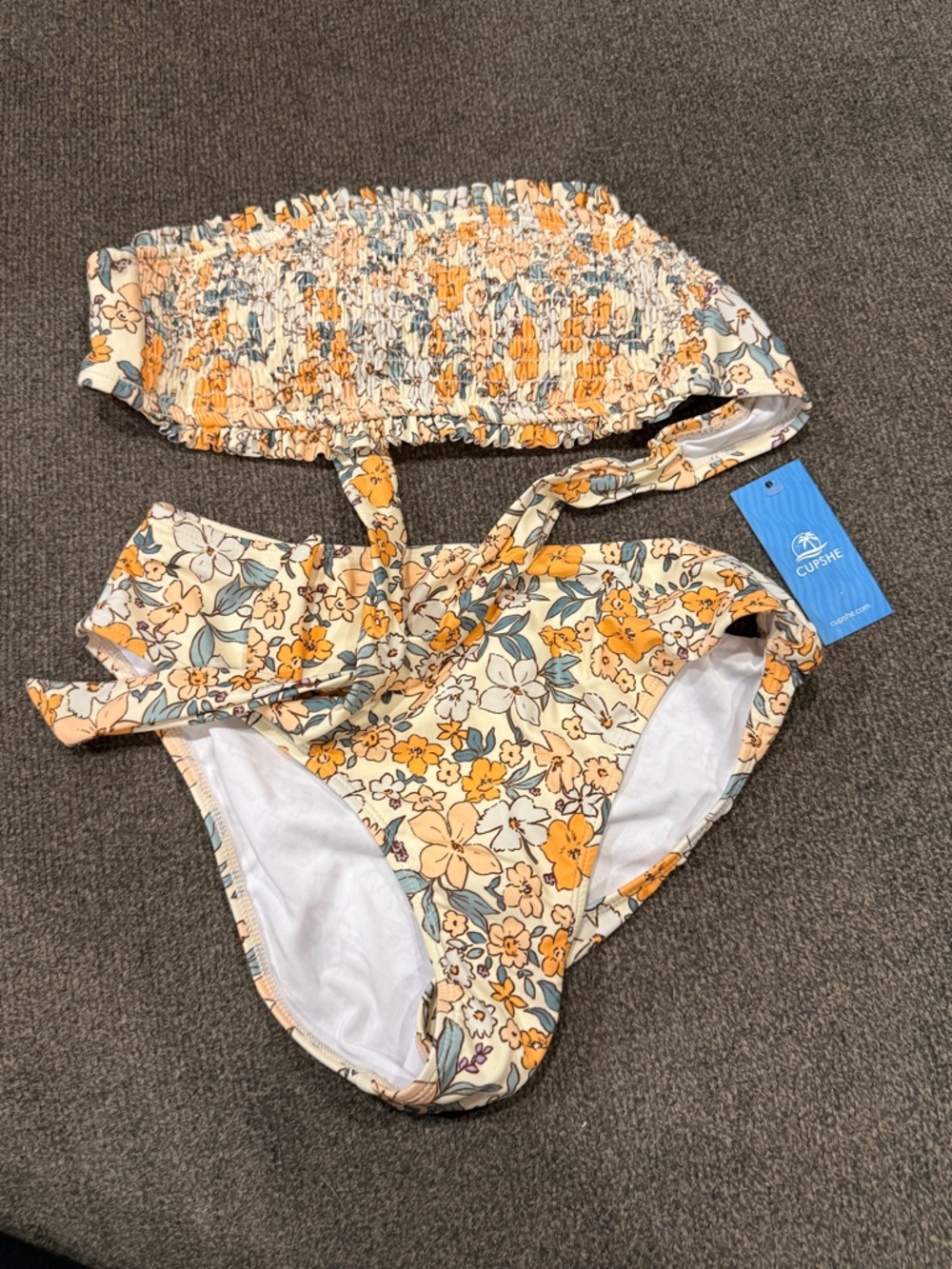 NWT * CUPSHE Swimsuit Floral Bandeau Top Back Tie Mid Waisted Bottom size XS